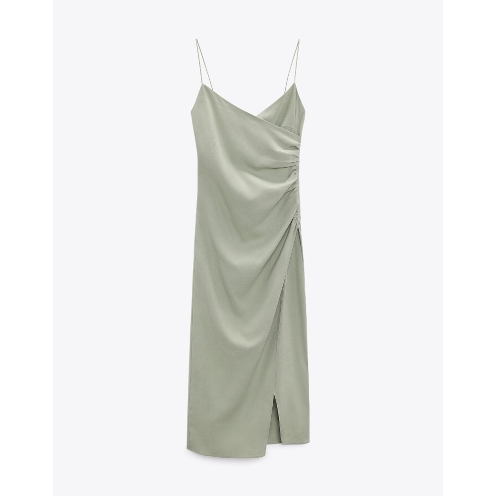 New Zara draped midi dress size S. Linen blend, sage green color